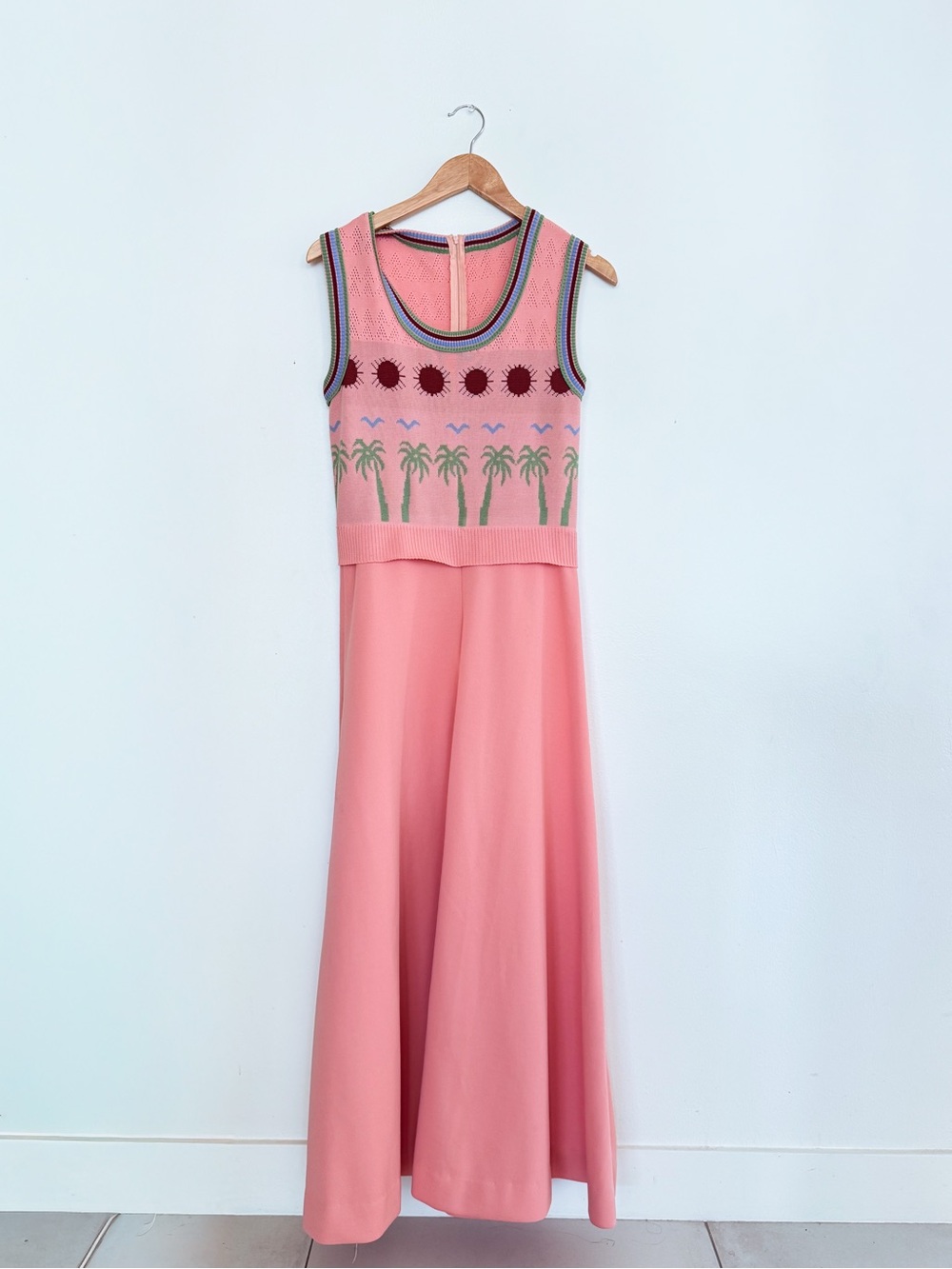 Vintage Peach Knit Palm-Print Maxi Dress sz S